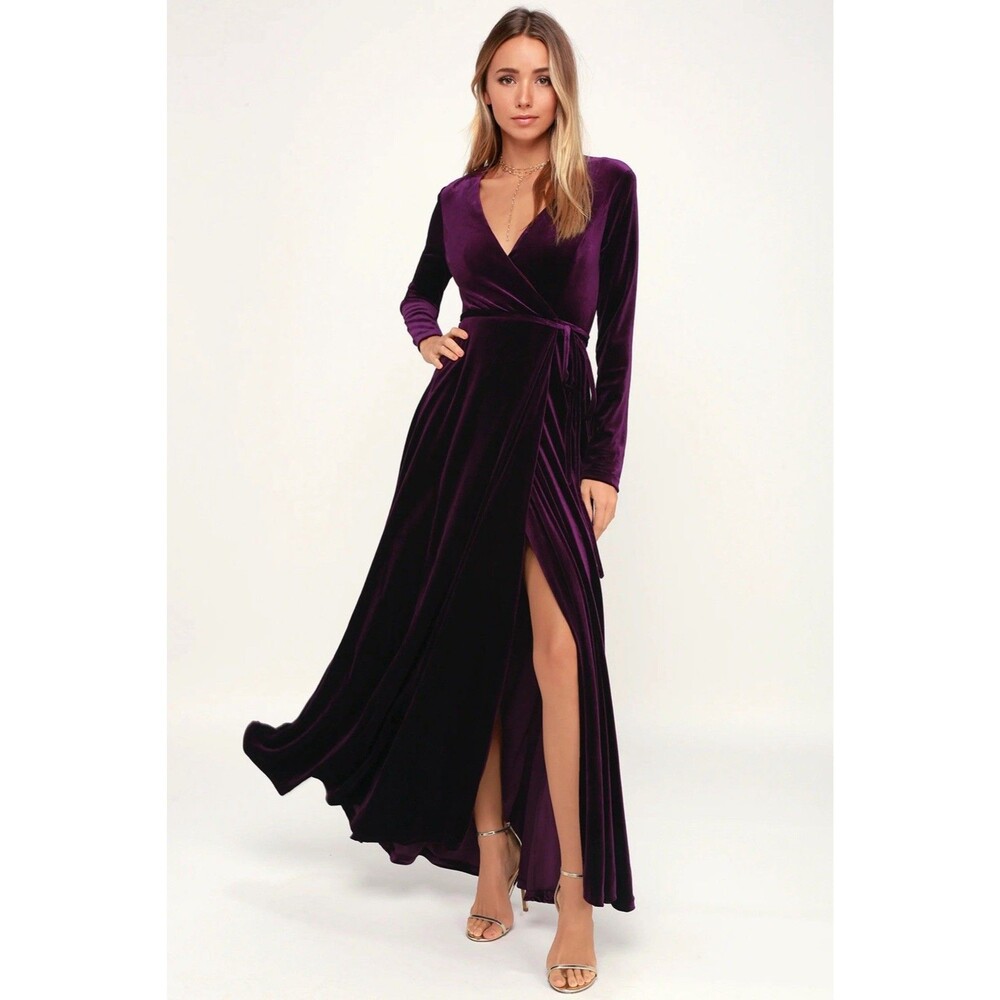 Lulus Jacinda Plum Purple Velvet Wrap Maxi Dress Size Medium Glam